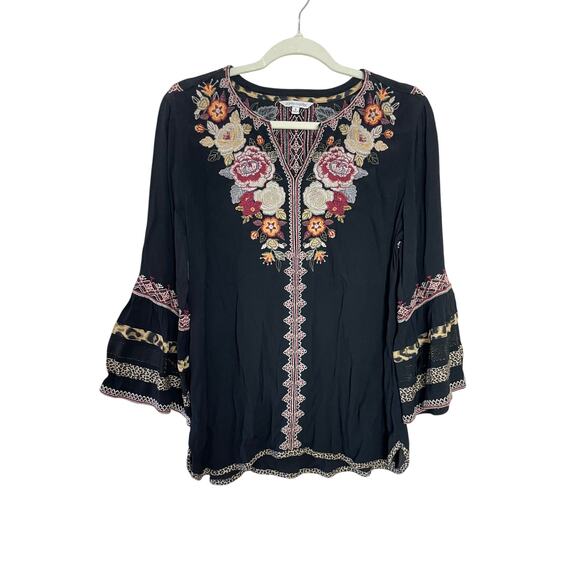 John Mark Tops - John Mark Boho Floral Embroidered & Cheetah Print Bell Sleeve Shirt Size Small